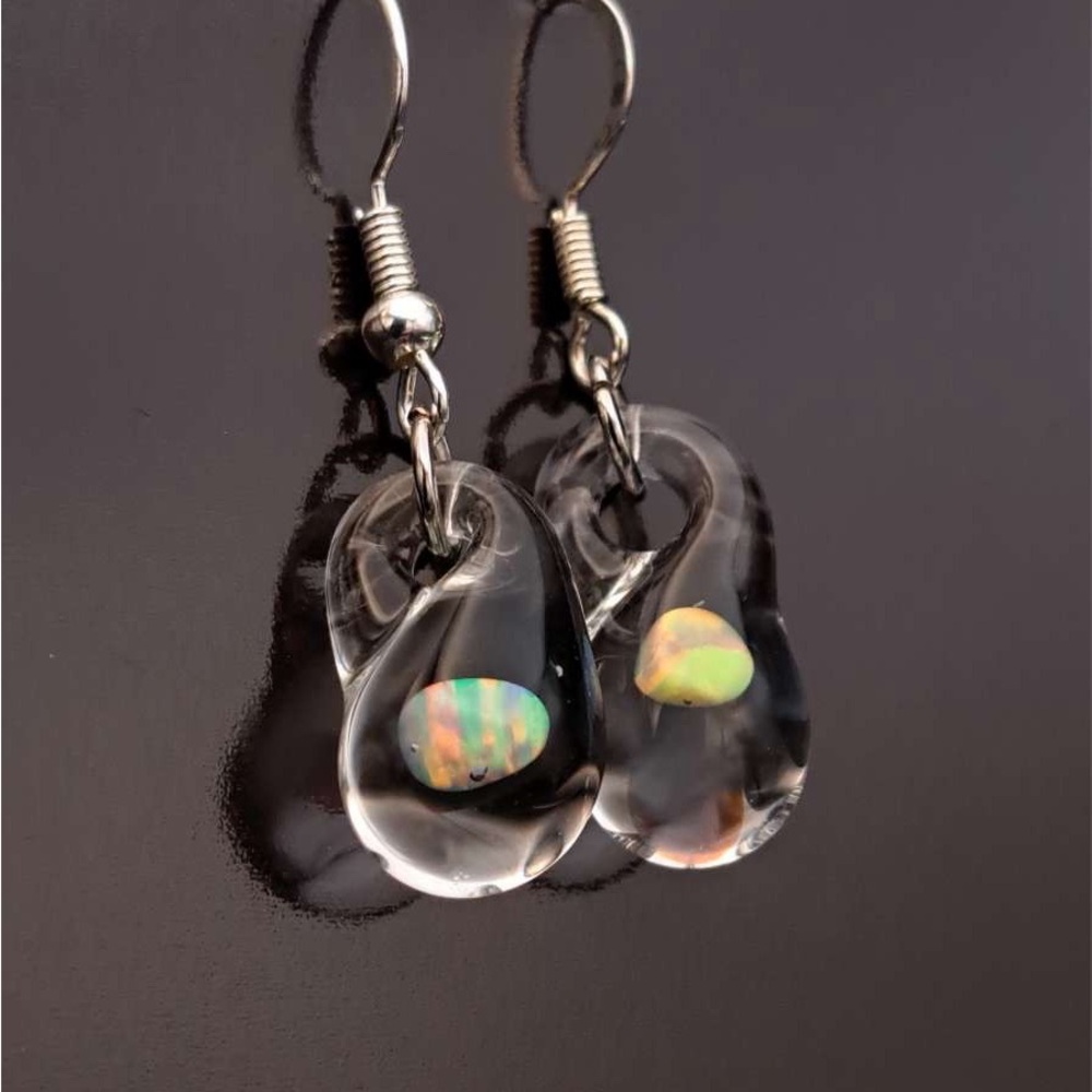 Elegant Silver and Opal Hand blown glass earrings lamp work